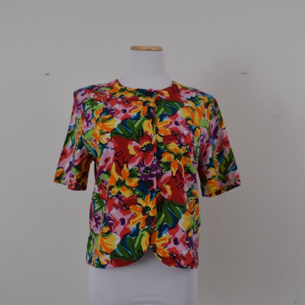 Vintage 90s Cotton/Rayon Boxy Fit Short Sleeves Crop‎ Floral Shirt size Medium
